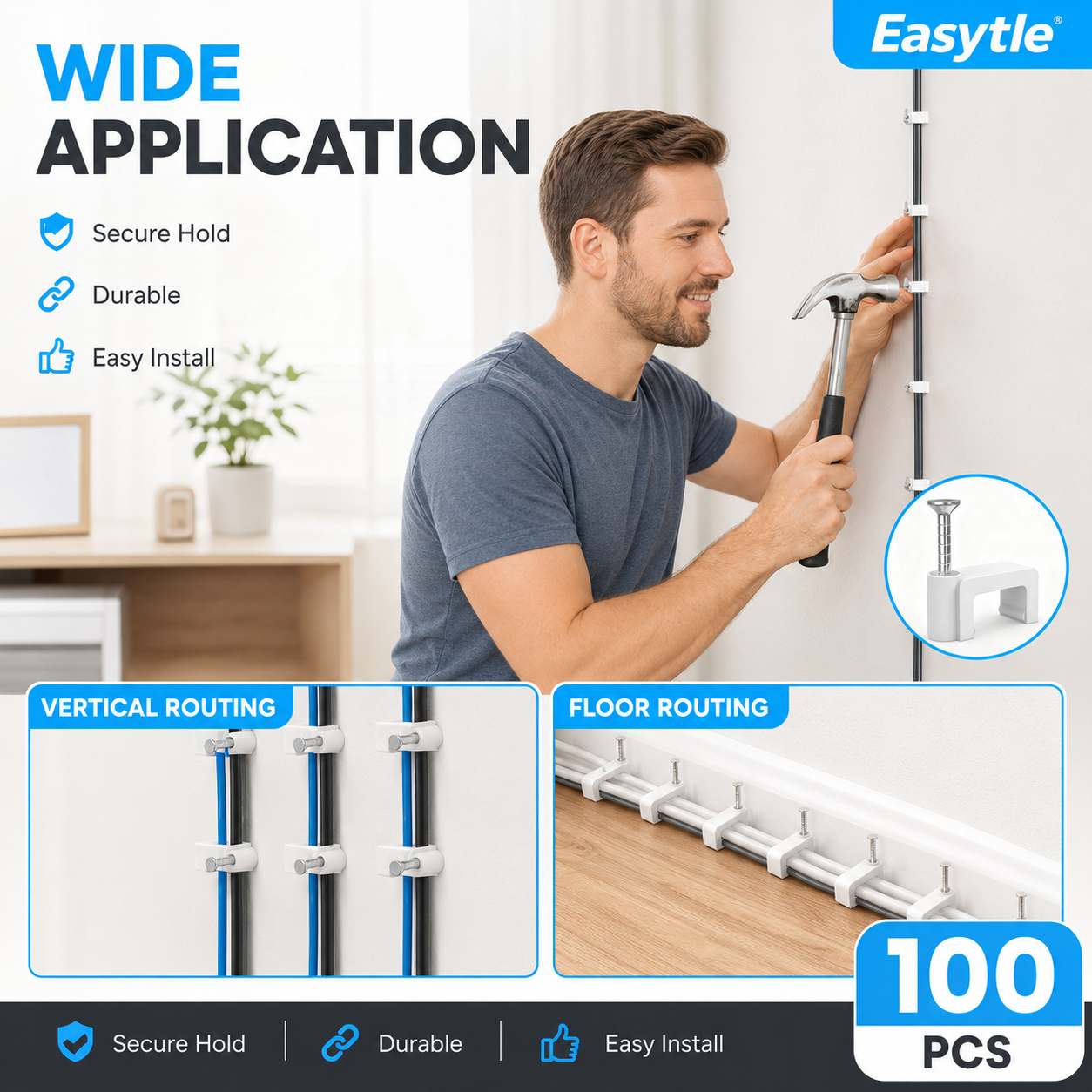 Cable Clips Nail-in Cable Clips 100 Pcs 8mm Flat Ethernet Cable Wall Clips, Coax Cable Clip, Speaker Wire Clips, Cable Nails for Cat5/Cat5e/Cat6/Cat7 RJ45 Cords