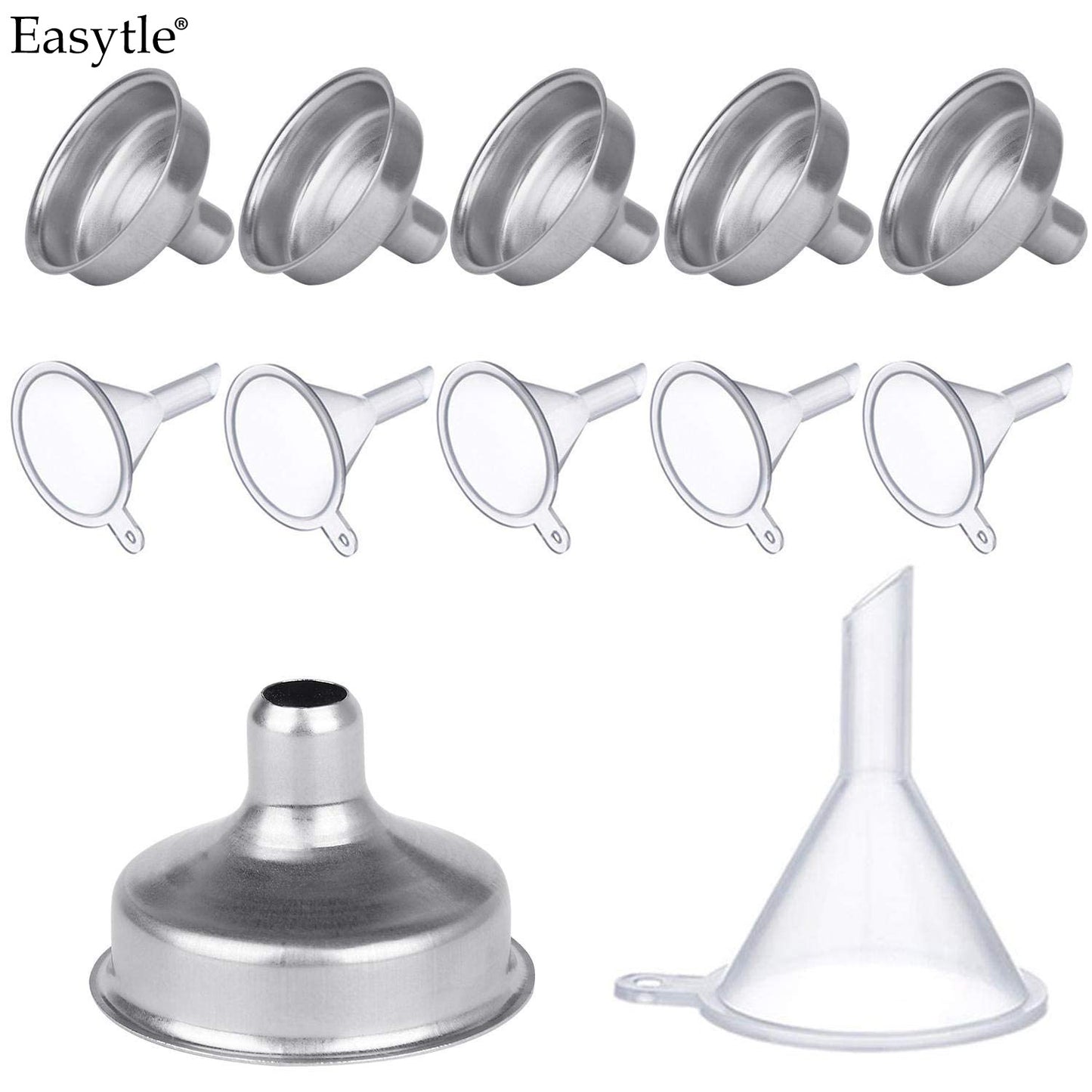 Easytle Funnels Variety Set of 12 Small Funnels Stainless Steel Mini Funnels & Plastic Mini Funnels Metal Funnels & Plastic Funnels for Essential Oil Spices Perfumes Sand Art Powder Lab Bottles