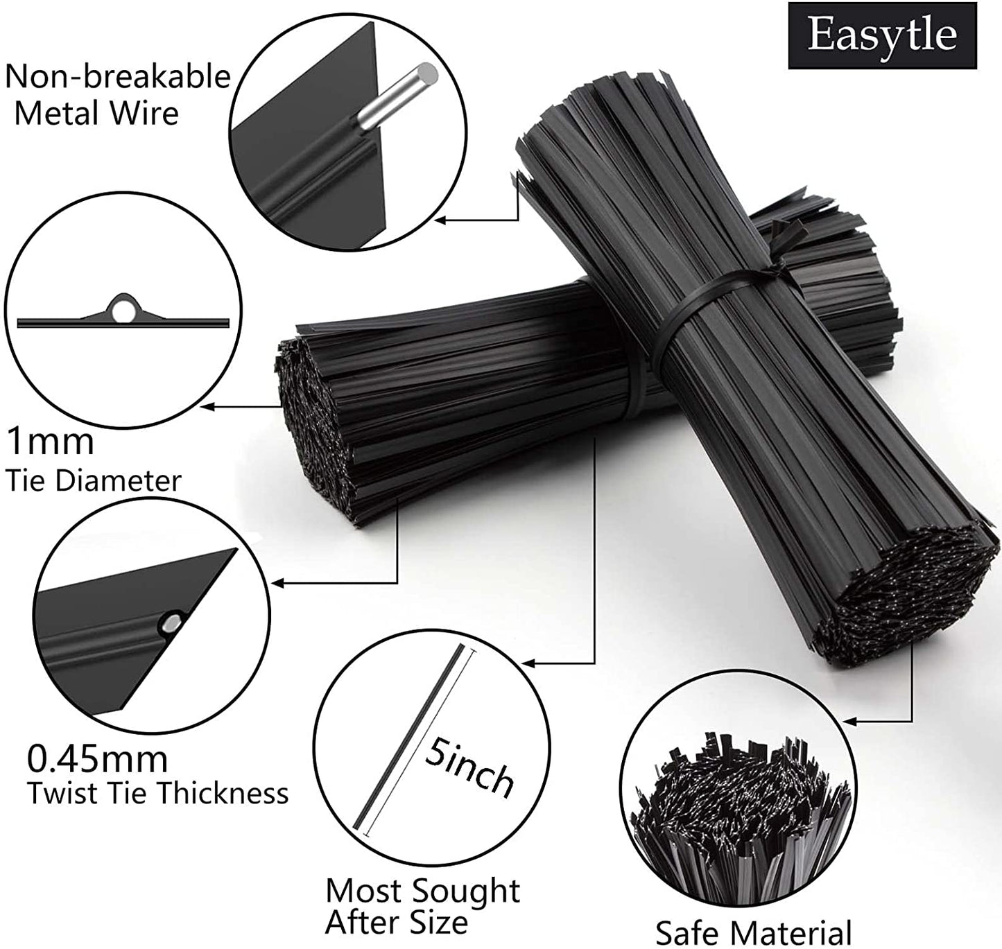 Easytle Twist Ties for Bags 5" Cable Ties 100 Pcs Bag Twist Ties for Cord Twist Bread Ties Reusable Black Plastic Coated Ties Twist Ties Heavy Duty Bread Ties Wire Twist Ties for Household and Office Use