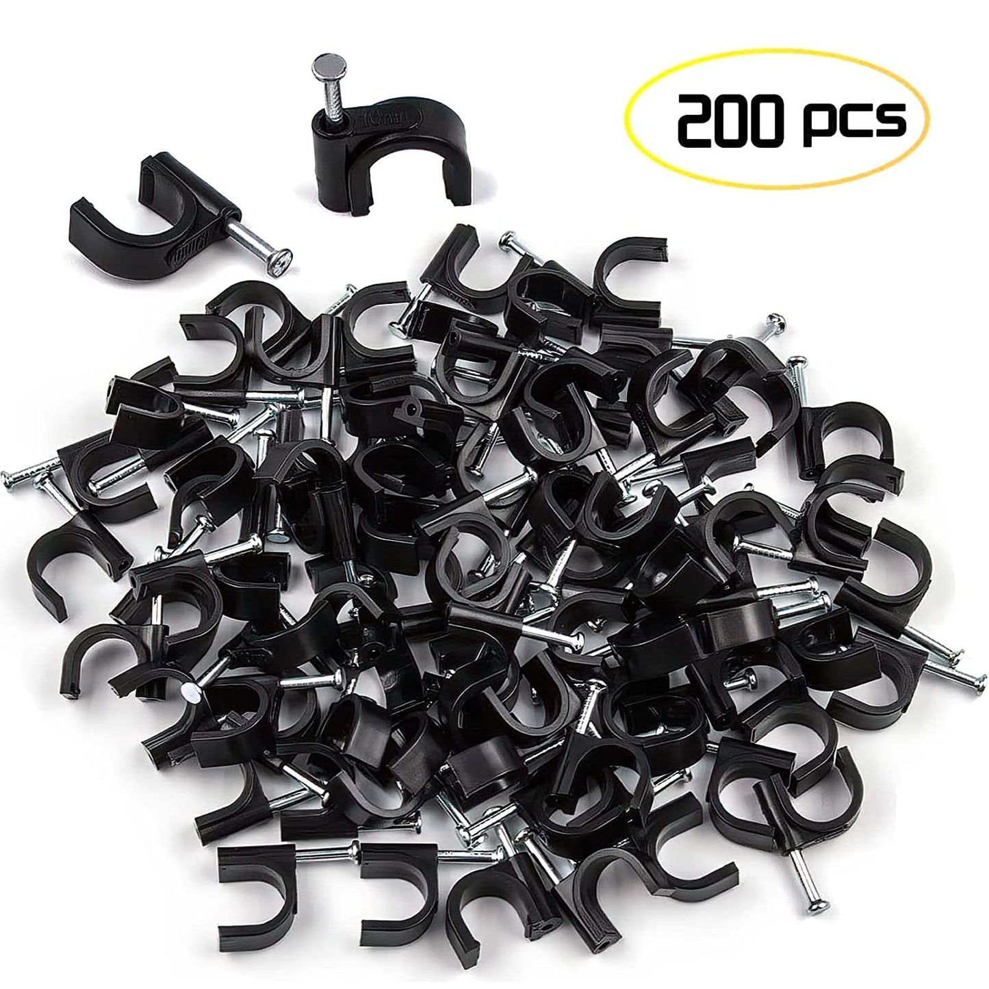 Easytle 200 Pcs Cable Clips 4/6/8/10mm Nail in Cable Clips Cable Wire Clips Cable Tacks Coax Cable Clips Speaker Wire Clips Cable Nails for Cords Wall Wire Clips RG6 RG59 CAT6 RJ45 Ethernet Cable Clips Black