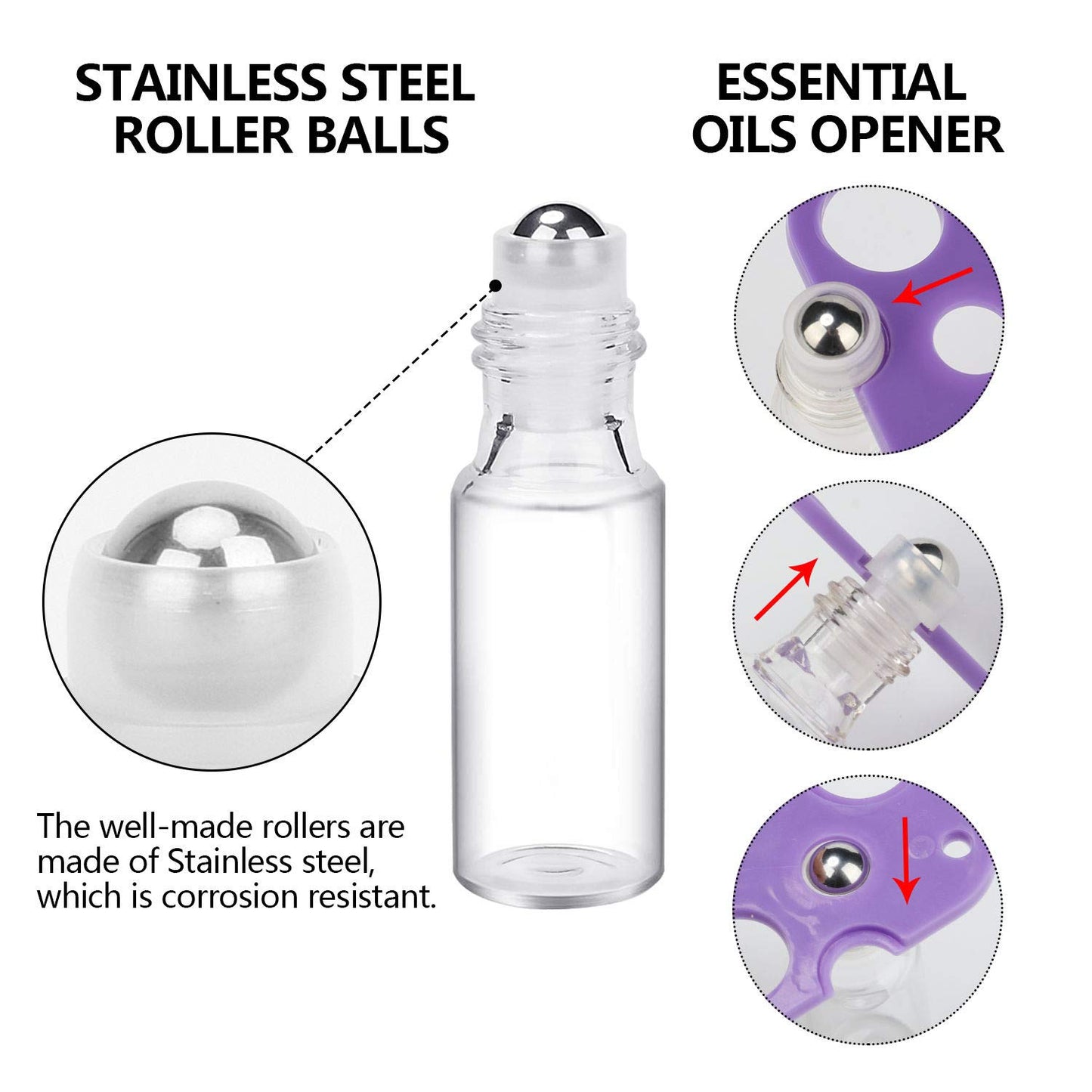 Easytle Essential Oil Roller Bottles 24 Pack 5ml Clear Glass Roller Bottles for Oils (96 Pieces Labels, 2 Opener, 4 Funnels, 4 Dropper) Roll on Bottles with Stainless Steel Roller Balls and Caps
