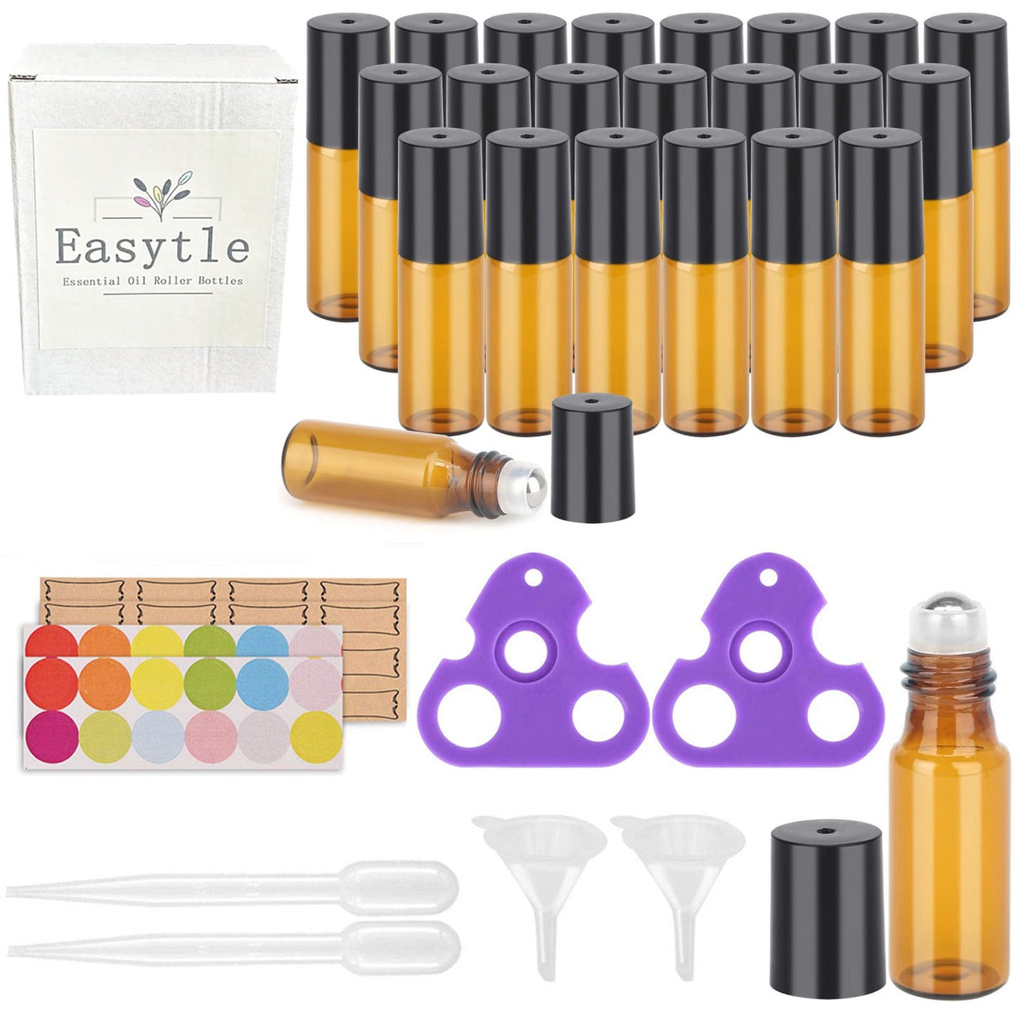 Easytle Essential Oil Roller Bottles, 24 Pack Amber Glass Roller Bottles 5ml, Roller Balls for Essential Oils, Roll on Bottles (96 Pieces Labels, 4 Funnels, 4 Dropper, 2 Opener)