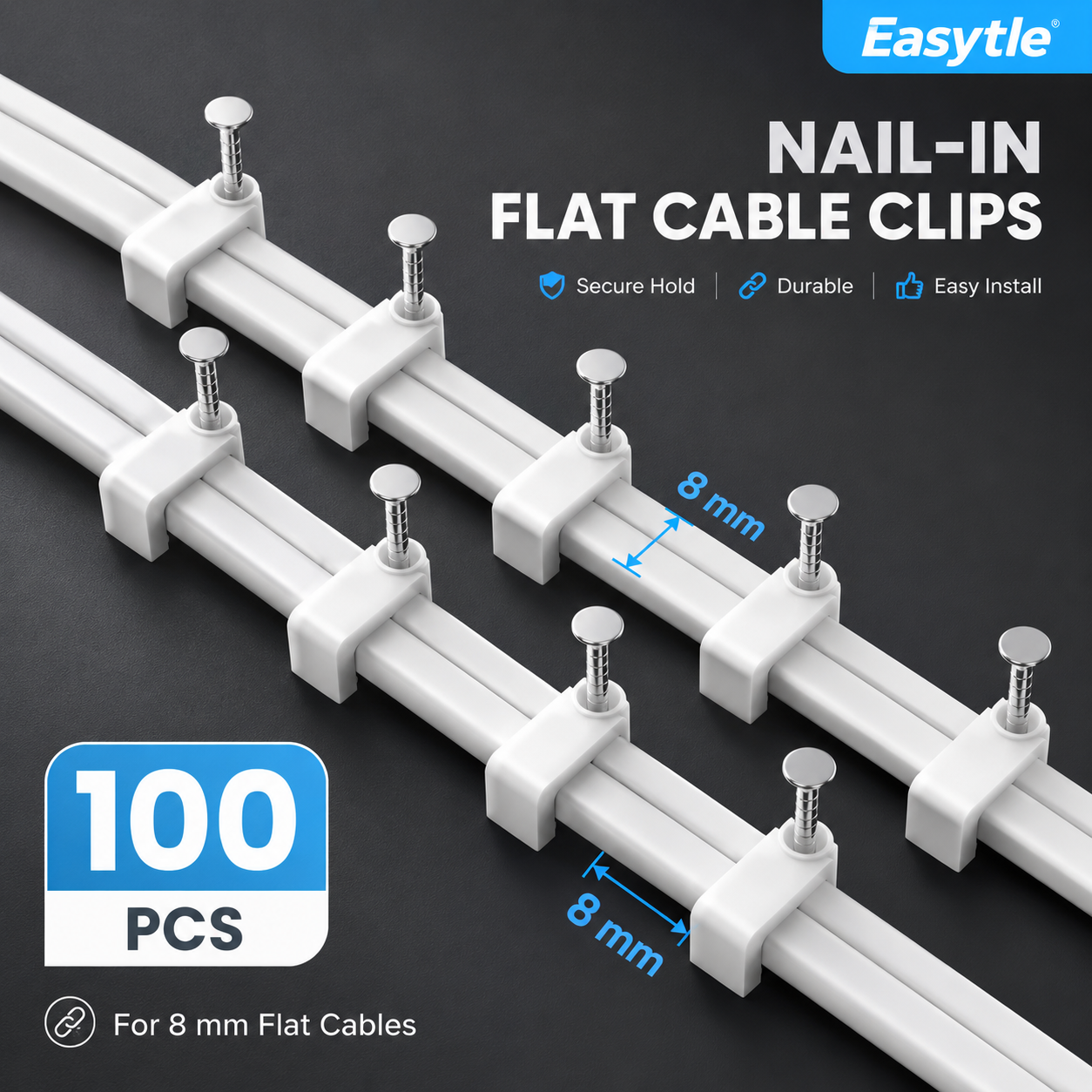 Cable Clips Nail-in Cable Clips 100 Pcs 8mm Flat Ethernet Cable Wall Clips, Coax Cable Clip, Speaker Wire Clips, Cable Nails for Cat5/Cat5e/Cat6/Cat7 RJ45 Cords