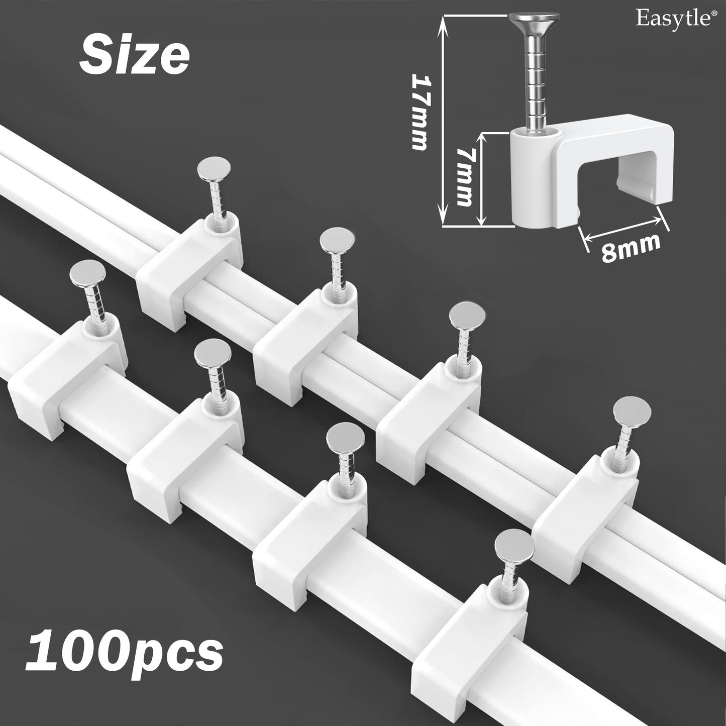 Easytle 100 Pcs 8mm Cable Clips Nail in Cable Clips Flat Ethernet Cable Wall Clips Cable Tacks Coax Cable Clip Speaker Wire Clips Cable Nails for Cords Cat5/Cat5e/Cat6/Cat7 RJ45 Cord Clips