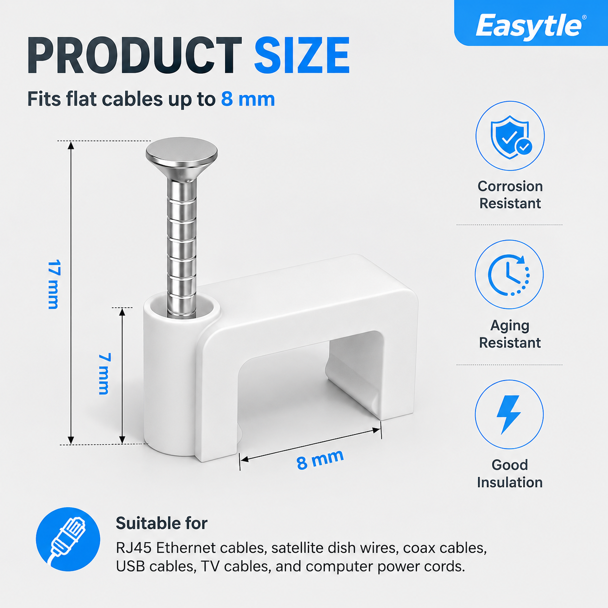 Cable Clips Nail-in Cable Clips 100 Pcs 8mm Flat Ethernet Cable Wall Clips, Coax Cable Clip, Speaker Wire Clips, Cable Nails for Cat5/Cat5e/Cat6/Cat7 RJ45 Cords