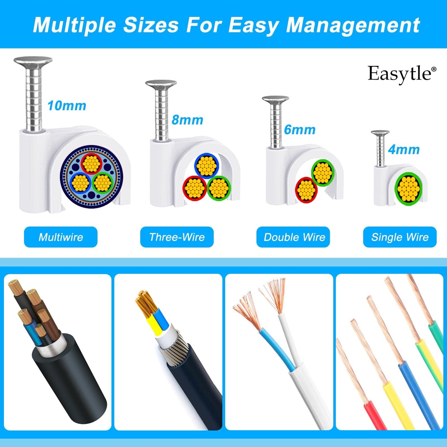 400 Pcs Cable Clips 4/6/8/10mm Nail in Cable Clips with Steel Ethernet Cable Clips Cable Wire Clips Cable Tacks Cable Nails Speaker Wire Clips Coaxial Cable Staples RG6 RG59 CAT6 RJ45 Wire Wall Clips
