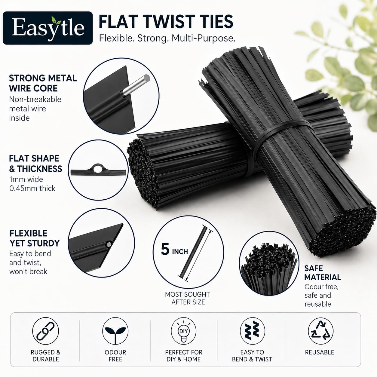 400 Pcs Twist Ties for Bags 5" Cable Ties Bag Twist Ties for Cord Twist Bread Ties Reusable Black Plastic Coated Ties Heavy Duty Bread Ties Twist Wire Ties for Household and Office Use