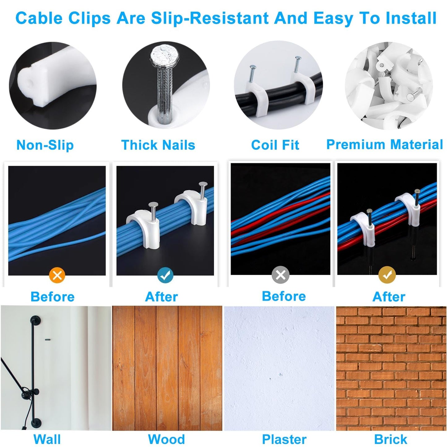 400 Pcs Cable Clips 4/6/8/10mm Nail in Cable Clips with Steel Ethernet Cable Clips Cable Wire Clips Cable Tacks Cable Nails Speaker Wire Clips Coaxial Cable Staples RG6 RG59 CAT6 RJ45 Wire Wall Clips