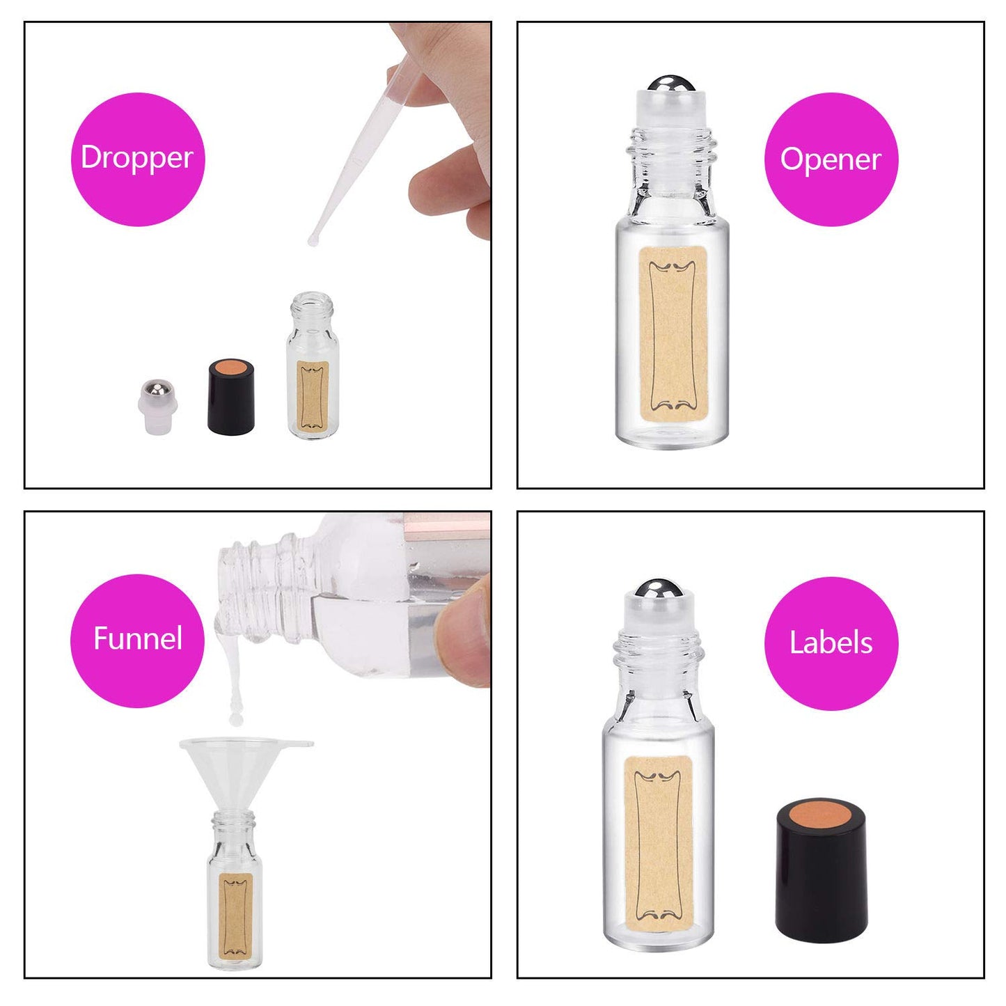 Easytle Essential Oil Roller Bottles 24 Pack 5ml Clear Glass Roller Bottles for Oils (96 Pieces Labels, 2 Opener, 4 Funnels, 4 Dropper) Roll on Bottle with Stainless Steel Roller Balls and Caps