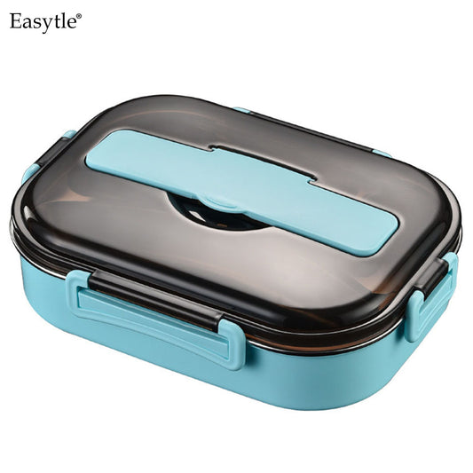 Easytle Lunch boxes Salad Bowls with 4 Compartments, Built-in Plastic Utensil Set, and Nylon Sealing Strap, Salad Dressings Container for Salad Toppings, Snacks, Men, Women (Blue)