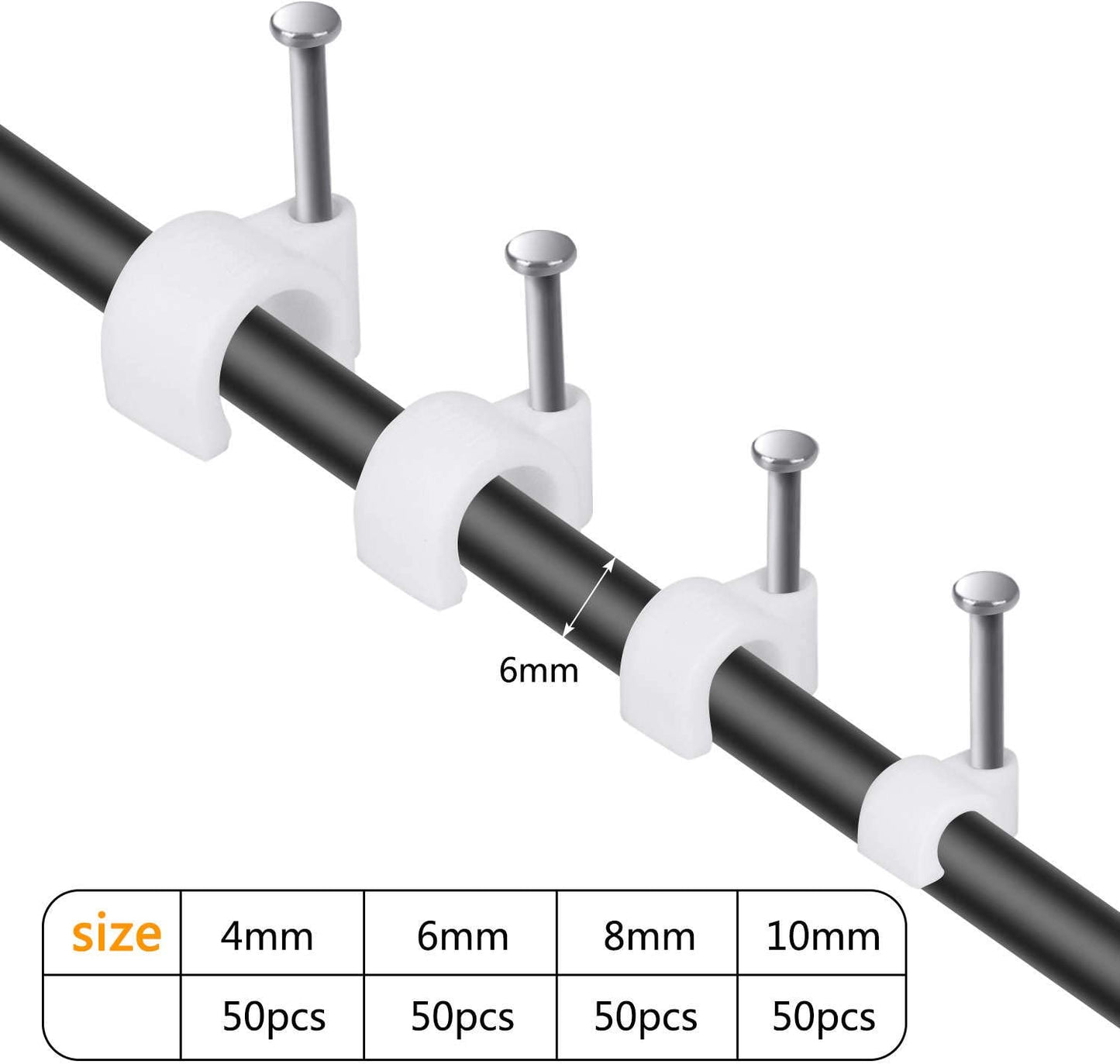 Easytle Cable Wire Clips 4mm 6mm 8mm 10mm (Pack of 200)Cable Management RG6 RG59 CAT5 CAT6 RJ45 Electrical Ethernet Dish TV Speaker Wire Cord Tie Holder Single Coaxial Nail Clamps