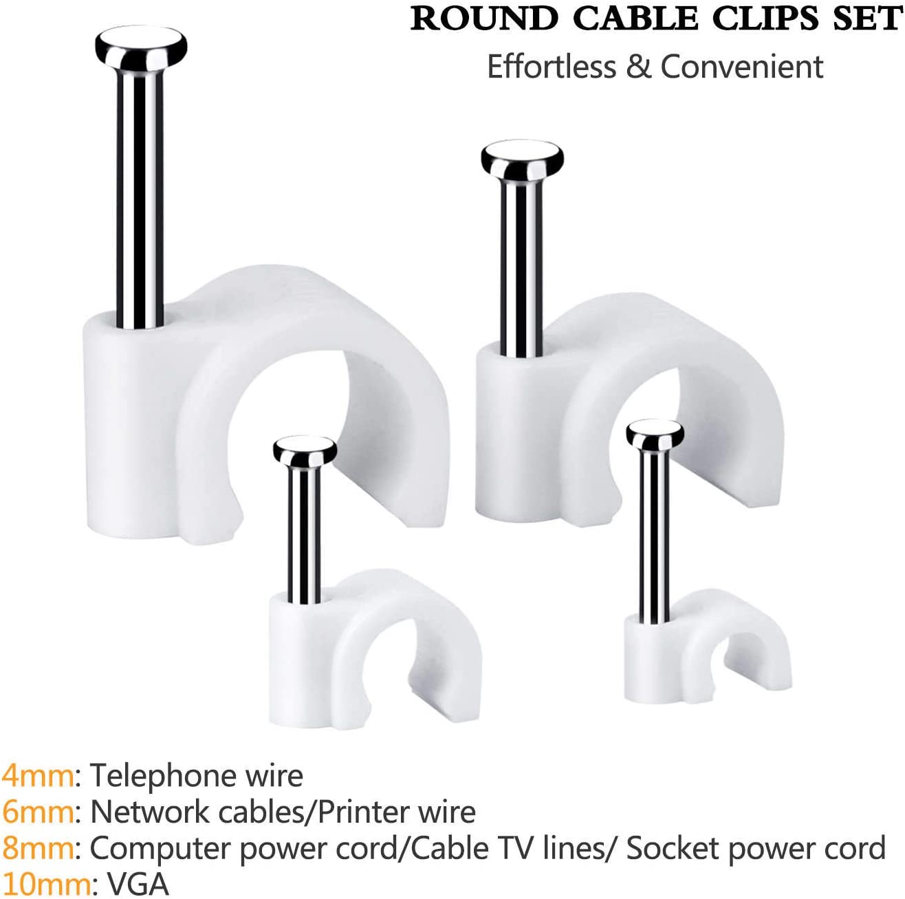 Easytle Cable Wire Clips 4mm 6mm 8mm 10mm (Pack of 200)Cable Management RG6 RG59 CAT5 CAT6 RJ45 Electrical Ethernet Dish TV Speaker Wire Cord Tie Holder Single Coaxial Nail Clamps